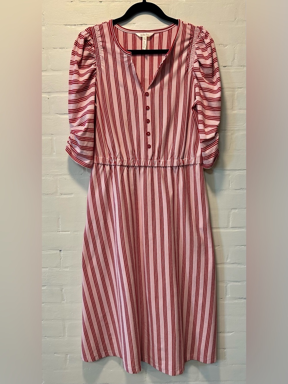 Matilda Jane Red Pink White Striped Midi Dress Puff Sleeve Cottagecore Small